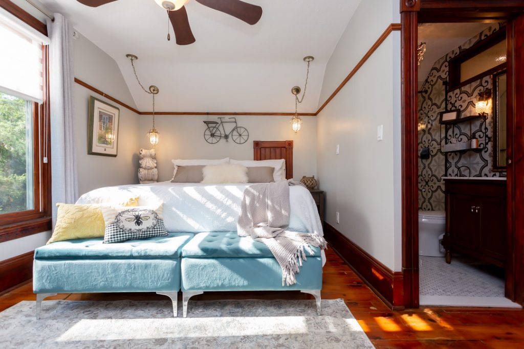 King size bed with luxury bedding and cushions