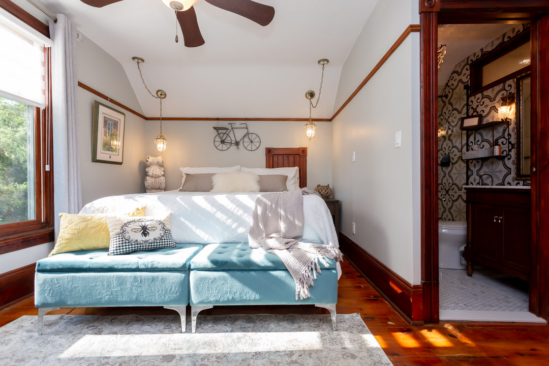King size bed with luxury bedding and cushions