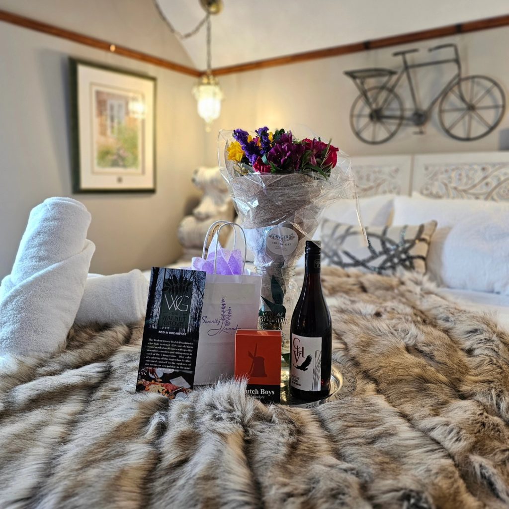 Assortment of flowers, wine, chocolate and lavendar products