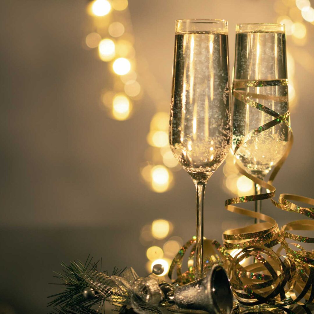 Wine glasses and twinkle lights